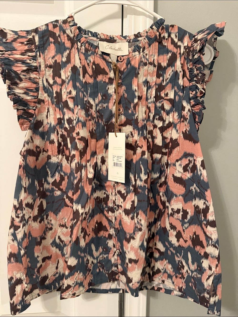 Cleobella Blue, Pink & Cream Printed Ruffle-Sleeve Blouse
